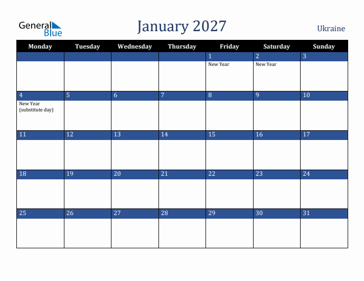 January 2027 Ukraine Calendar (Monday Start)