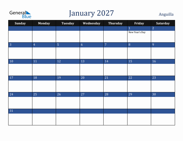 January 2027 Anguilla Calendar (Sunday Start)