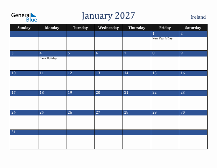 January 2027 Ireland Calendar (Sunday Start)