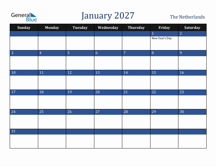 January 2027 The Netherlands Calendar (Sunday Start)