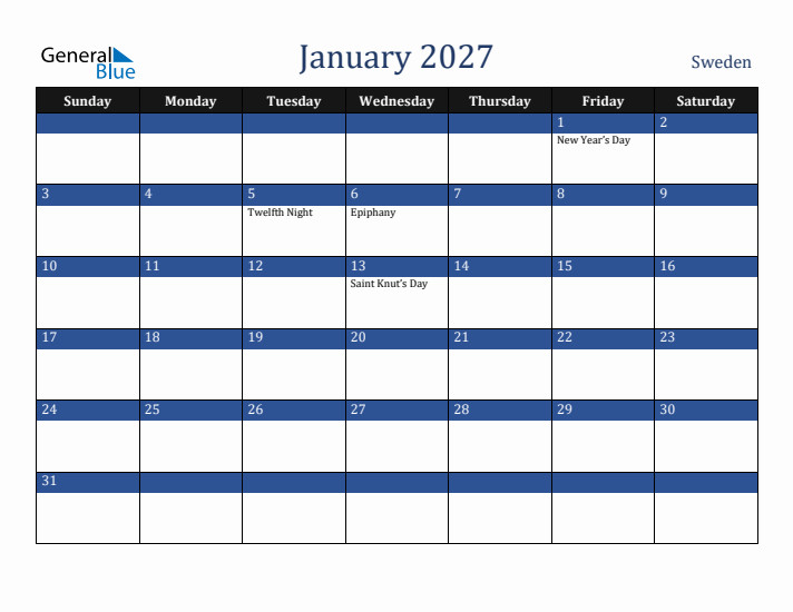 January 2027 Sweden Calendar (Sunday Start)