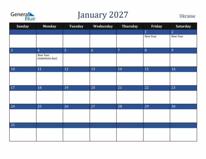 January 2027 Ukraine Calendar (Sunday Start)