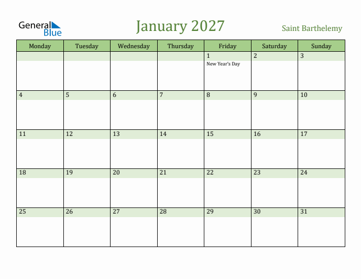 January 2027 Calendar with Saint Barthelemy Holidays