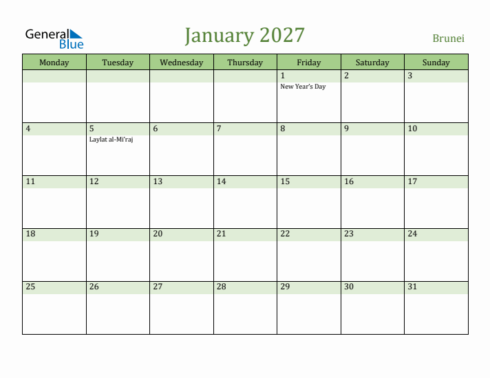 January 2027 Calendar with Brunei Holidays