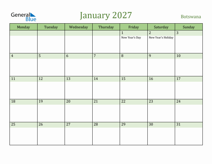 January 2027 Calendar with Botswana Holidays