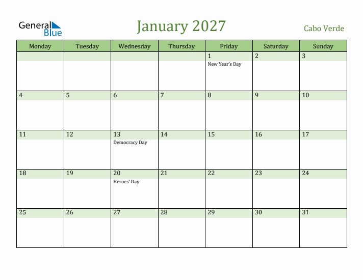 January 2027 Calendar with Cabo Verde Holidays