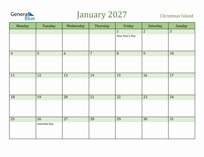 January 2027 Calendar with Christmas Island Holidays