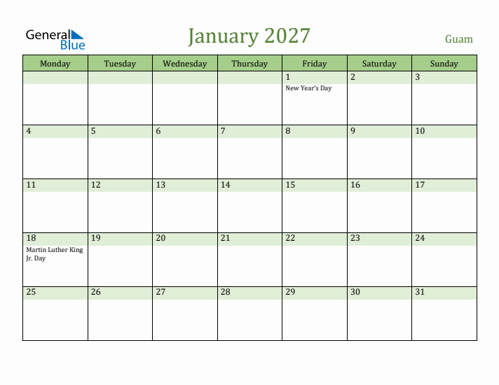 January 2027 Calendar with Guam Holidays