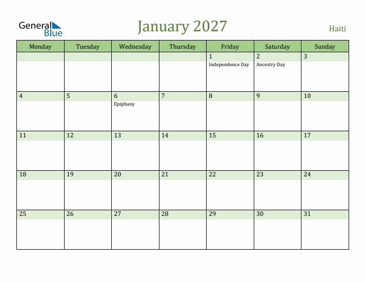 January 2027 Calendar with Haiti Holidays