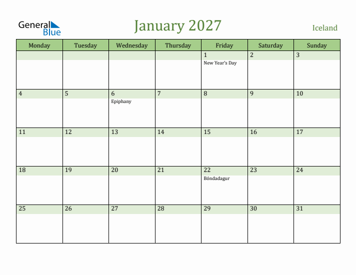 January 2027 Calendar with Iceland Holidays