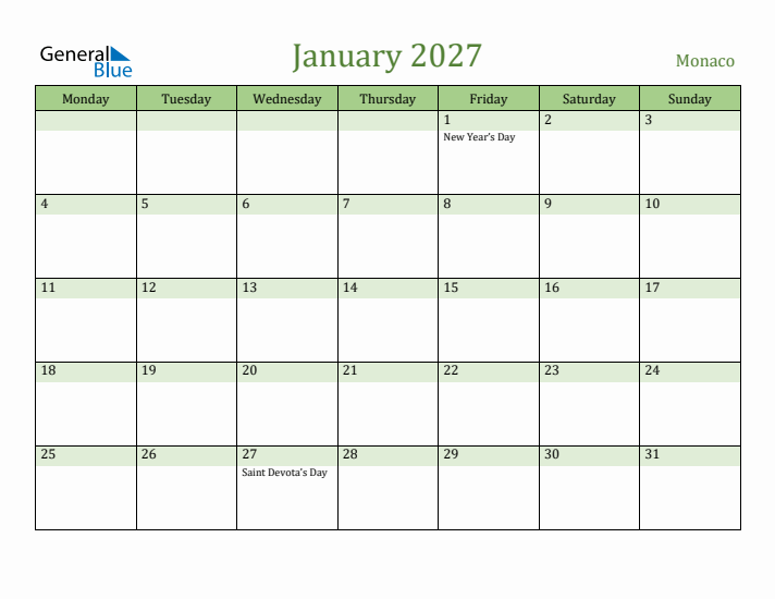 January 2027 Calendar with Monaco Holidays