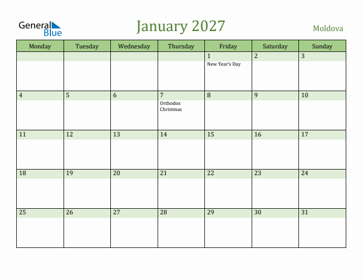 January 2027 Calendar with Moldova Holidays