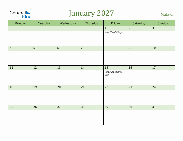 January 2027 Calendar with Malawi Holidays