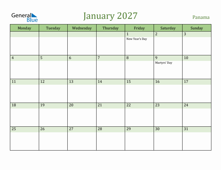 January 2027 Calendar with Panama Holidays