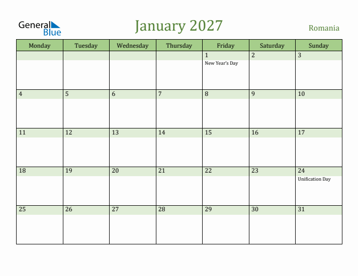 January 2027 Calendar with Romania Holidays