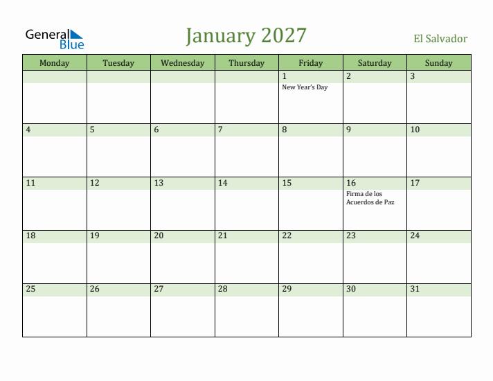 January 2027 Calendar with El Salvador Holidays