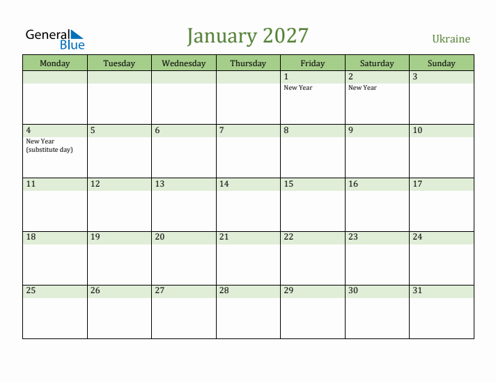 January 2027 Calendar with Ukraine Holidays