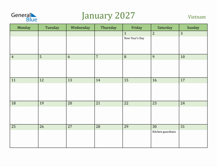 January 2027 Calendar with Vietnam Holidays