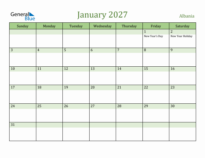 January 2027 Calendar with Albania Holidays