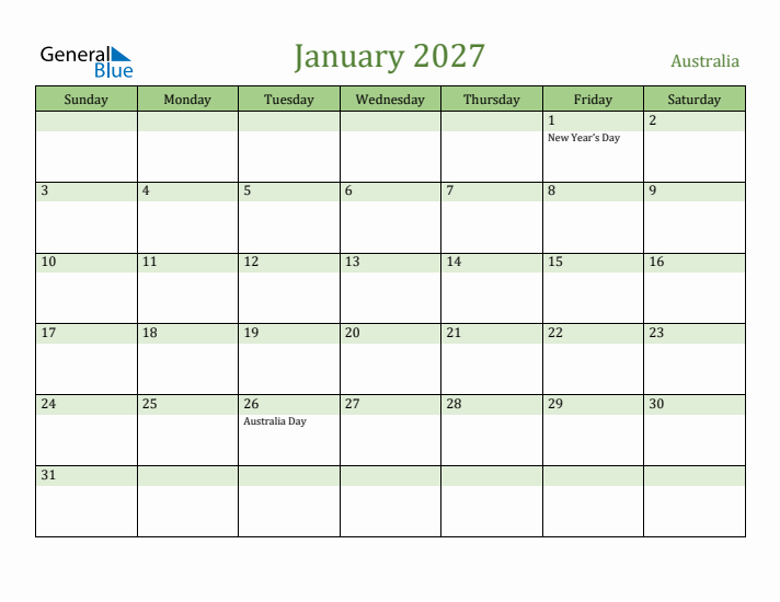 January 2027 Calendar with Australia Holidays