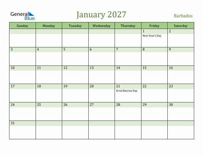 January 2027 Calendar with Barbados Holidays