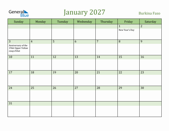 January 2027 Calendar with Burkina Faso Holidays