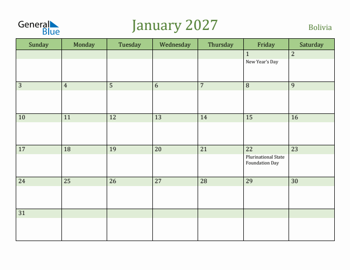 January 2027 Calendar with Bolivia Holidays