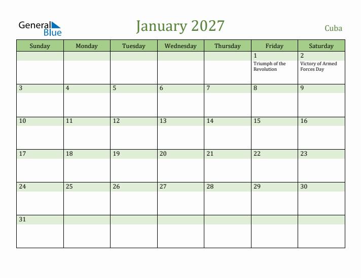 January 2027 Calendar with Cuba Holidays