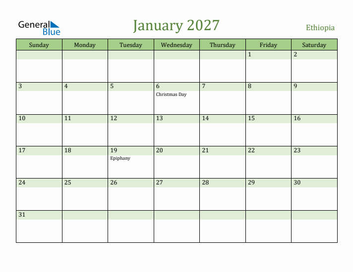 January 2027 Calendar with Ethiopia Holidays