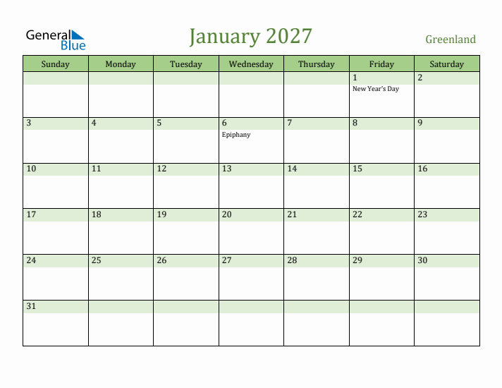 January 2027 Calendar with Greenland Holidays