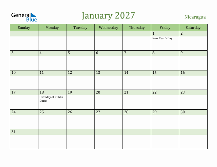 January 2027 Calendar with Nicaragua Holidays