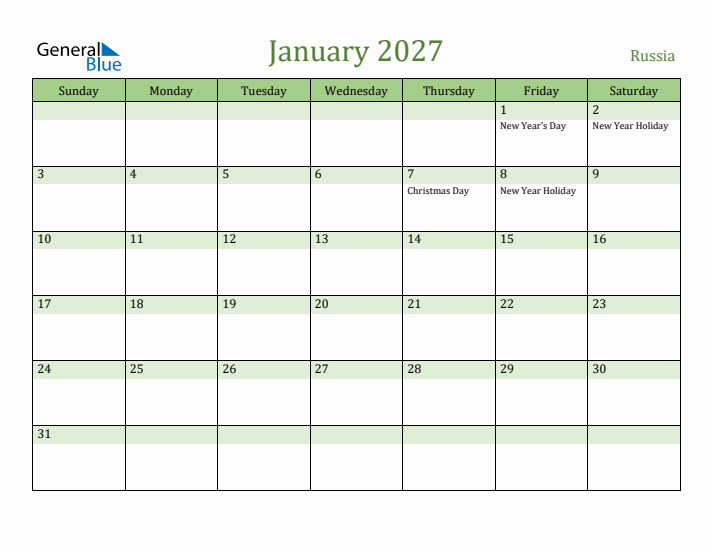 January 2027 Calendar with Russia Holidays