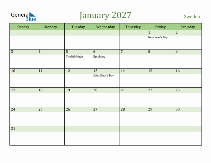 January 2027 Calendar with Sweden Holidays