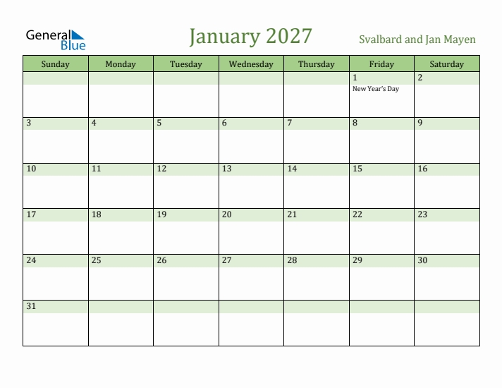 January 2027 Calendar with Svalbard and Jan Mayen Holidays