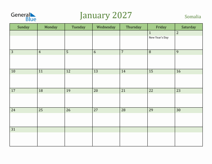 January 2027 Calendar with Somalia Holidays