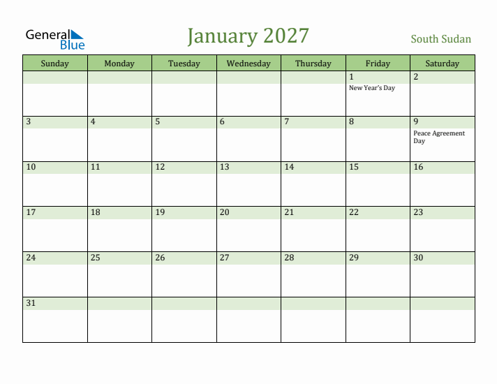 January 2027 Calendar with South Sudan Holidays