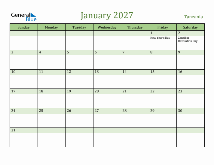 January 2027 Calendar with Tanzania Holidays