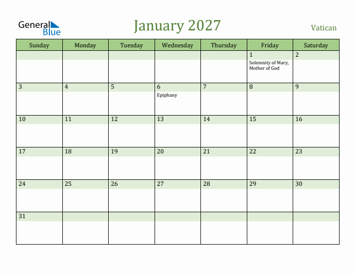 January 2027 Calendar with Vatican Holidays