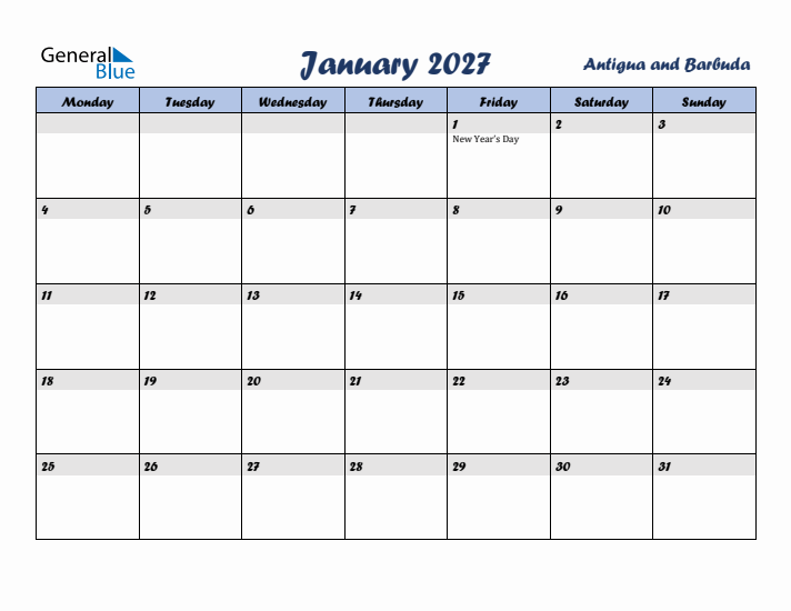 January 2027 Calendar with Holidays in Antigua and Barbuda