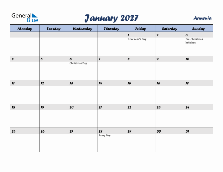 January 2027 Calendar with Holidays in Armenia