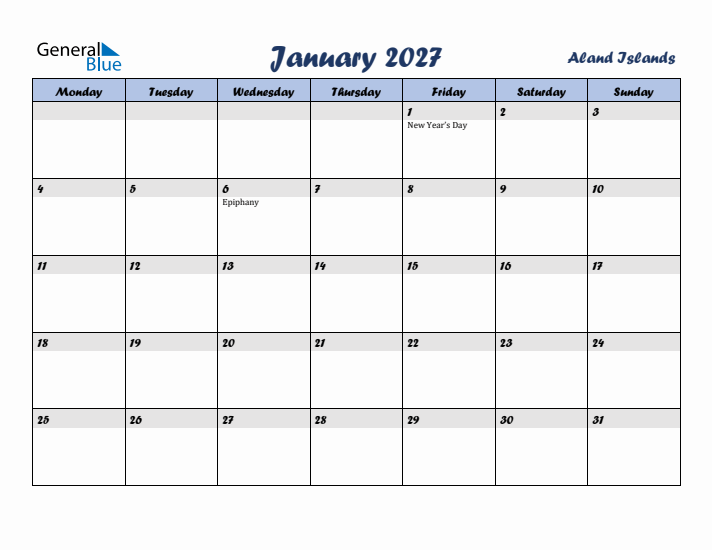 January 2027 Calendar with Holidays in Aland Islands