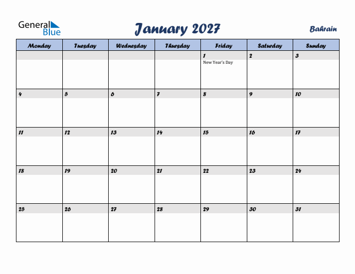 January 2027 Calendar with Holidays in Bahrain