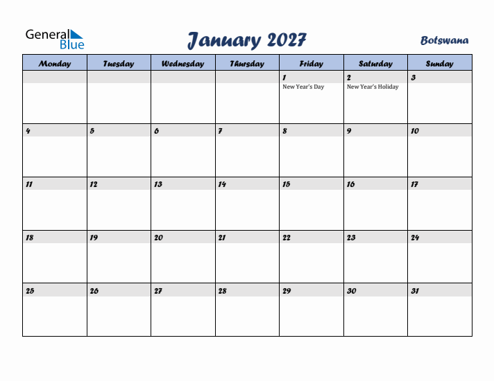 January 2027 Calendar with Holidays in Botswana