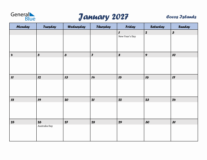 January 2027 Calendar with Holidays in Cocos Islands