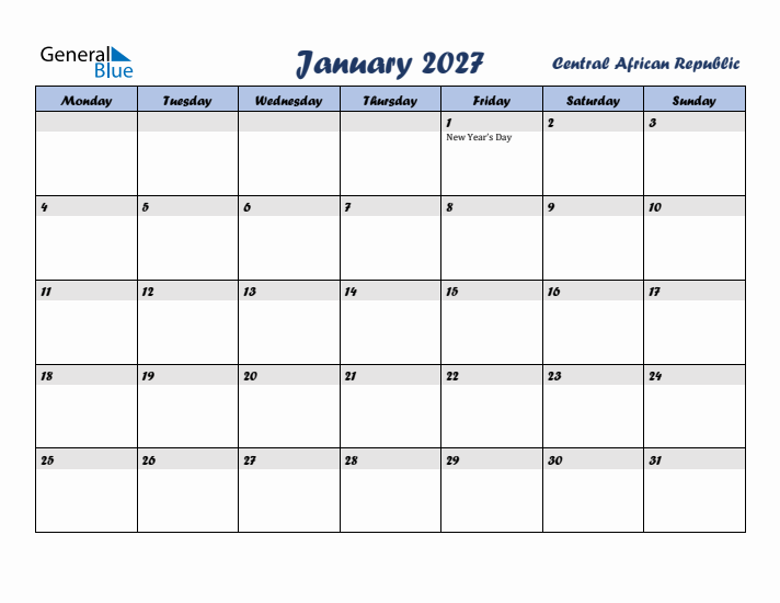 January 2027 Calendar with Holidays in Central African Republic