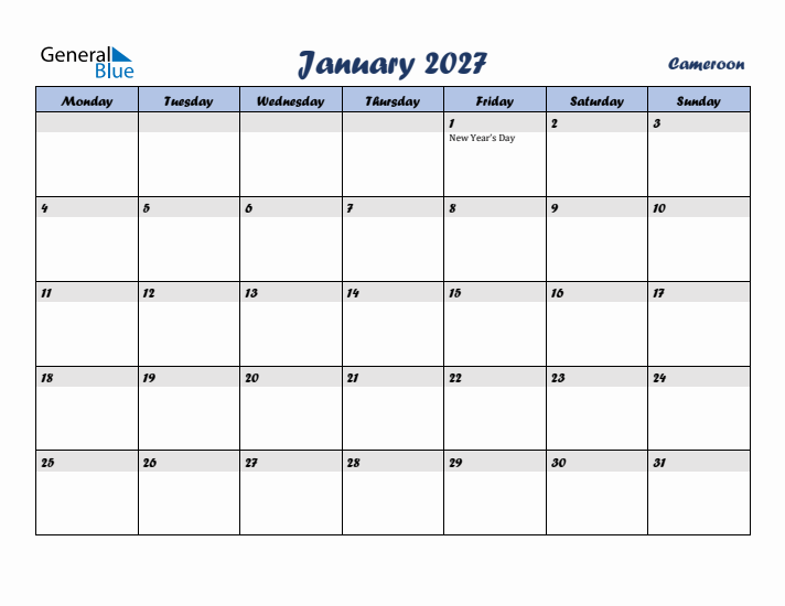 January 2027 Calendar with Holidays in Cameroon