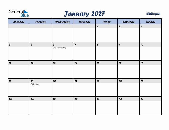 January 2027 Calendar with Holidays in Ethiopia