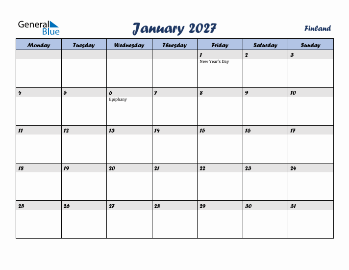 January 2027 Calendar with Holidays in Finland