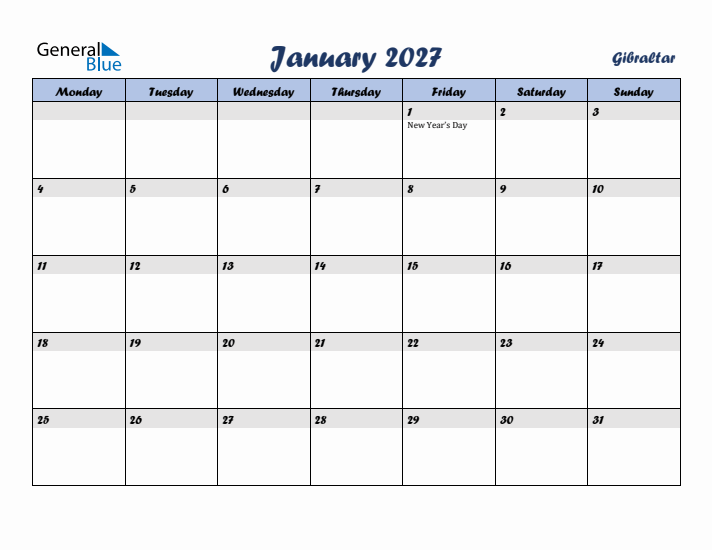 January 2027 Calendar with Holidays in Gibraltar