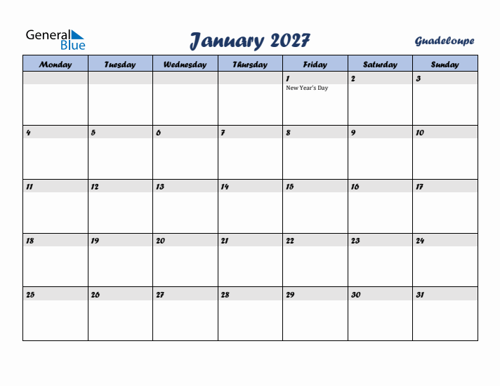 January 2027 Calendar with Holidays in Guadeloupe